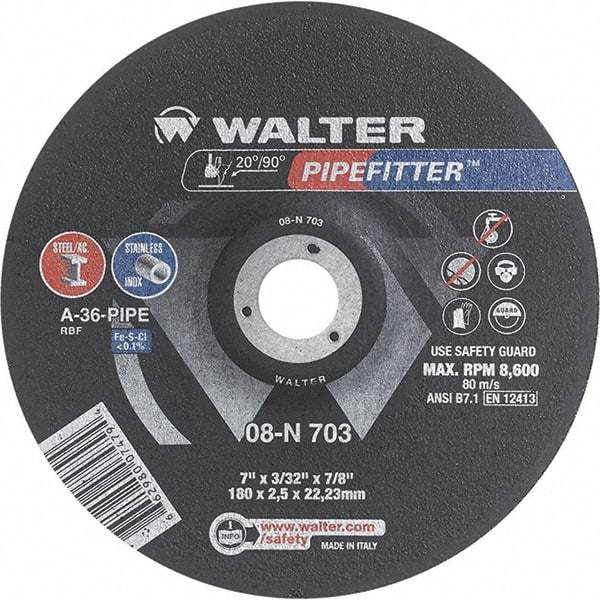 WALTER Surface Technologies - 36 Grit, 7" Wheel Diam, 3/32" Wheel Thickness, 7/8" Arbor Hole, Type 27 Depressed Center Wheel - Aluminum Oxide/Silicon Carbide Blend, Resinoid Bond, 8,600 Max RPM - Caliber Tooling