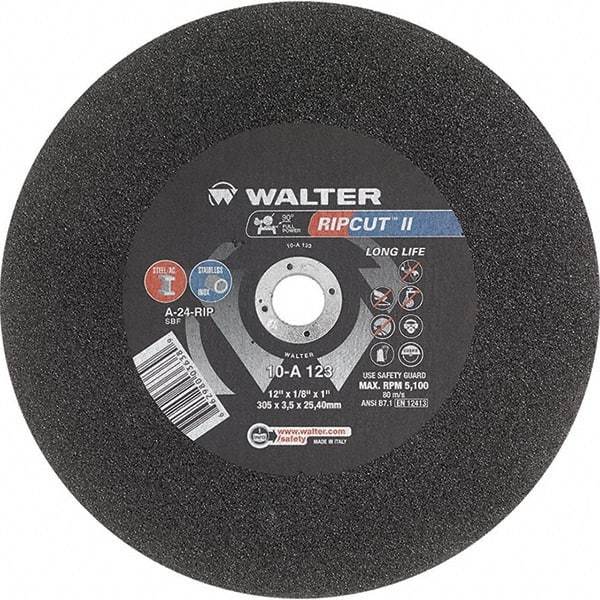 WALTER Surface Technologies - 12" 24 Grit Aluminum Oxide Cutoff Wheel - 1/8" Thick, 1" Arbor, 5,100 Max RPM, Use with Stationary Tools - Caliber Tooling