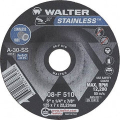 WALTER Surface Technologies - 30 Grit, 5" Wheel Diam, 1/4" Wheel Thickness, 7/8" Arbor Hole, Type 27 Depressed Center Wheel - Aluminum Oxide, Resinoid Bond, 12,200 Max RPM - Caliber Tooling