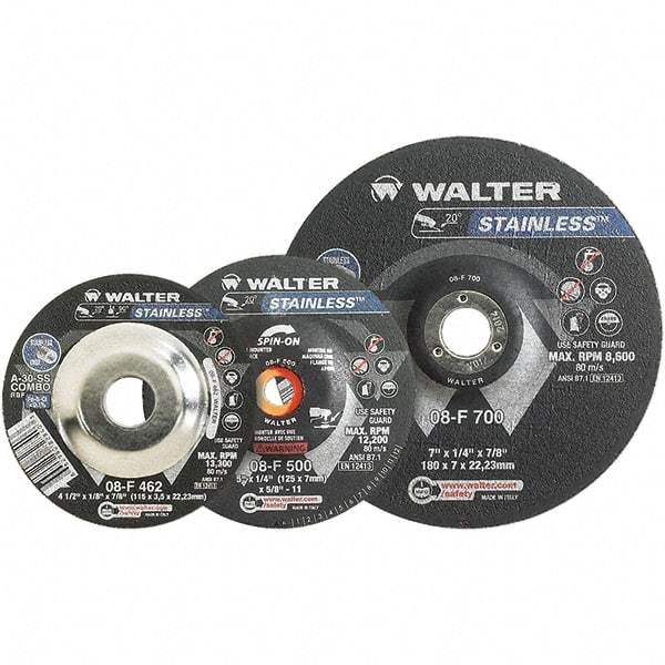 WALTER Surface Technologies - 30 Grit, 6" Wheel Diam, 1/8" Wheel Thickness, 7/8" Arbor Hole, Type 27 Depressed Center Wheel - Aluminum Oxide, Resinoid Bond, 10,200 Max RPM - Caliber Tooling