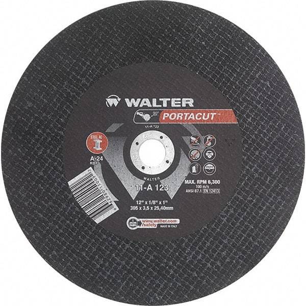 WALTER Surface Technologies - 12" 24 Grit Aluminum Oxide Cutoff Wheel - 1/8" Thick, 1" Arbor, 6,300 Max RPM, Use with Electric & Gas Powered Saws - Caliber Tooling