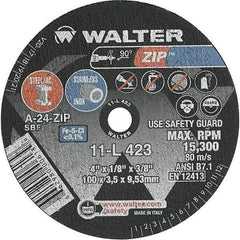 WALTER Surface Technologies - 4" 24 Grit Aluminum Oxide Cutoff Wheel - 1/8" Thick, 3/8" Arbor, 19,100 Max RPM, Use with Die Grinders - Caliber Tooling