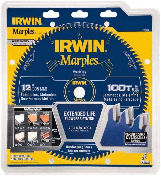 Irwin - 12" Diam, 1" Arbor Hole Diam, 100 Tooth Wet & Dry Cut Saw Blade - Carbide-Tipped, Finishing Action, Standard Round Arbor - Caliber Tooling