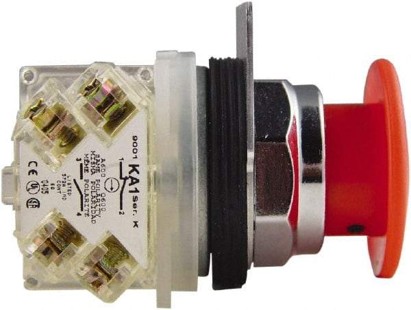 Schneider Electric - 30mm Mount Hole, Extended Mushroom Head, Pushbutton Switch with Contact Block - Round, Red Pushbutton, Maintained (MA) - Caliber Tooling