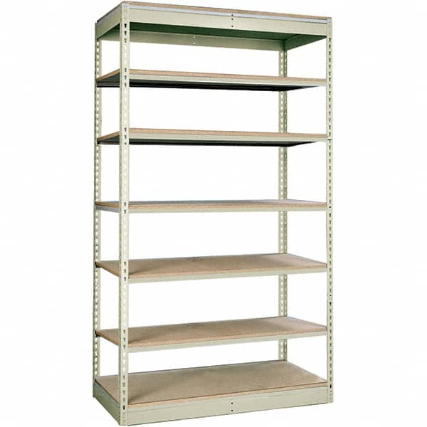 Hallowell - 7 Shelf Starter Particle Board Open Steel Shelving - 350 Lb Capacity, 48" Wide x 84" High x 36" Deep, Tan - Caliber Tooling