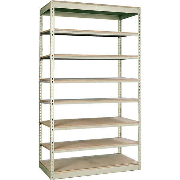 Hallowell - 8 Shelf Starter No Deck Open Steel Shelving - 350 Lb Capacity, 36" Wide x 84" High x 12" Deep, Tan - Caliber Tooling