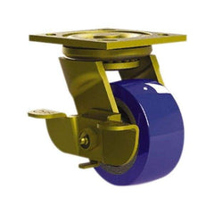 E.R. Wagner - 4" Diam x 2" Wide x 5-5/8" OAH Top Plate Mount Swivel Caster with Brake - Mold on Polyurethane, 750 Lb Capacity, Roller Bearing, 4 x 4-1/2" Plate - Caliber Tooling