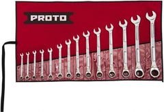 Proto - 14 Piece, 6mm to 19mm, Ratcheting Combination Wrench Set - Metric Measurement Standard, Full Polish Finish, Comes in Pouch - Caliber Tooling