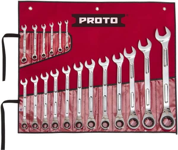 Proto - 18 Piece, 1/4" to 1-1/4", Ratcheting Combination Wrench Set - Inch Measurement Standard, Full Polish Finish, Comes in Pouch - Caliber Tooling