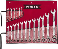 Proto - 18 Piece, 1/4" to 1-1/4", Ratcheting Combination Wrench Set - Inch Measurement Standard, Full Polish Finish, Comes in Pouch - Caliber Tooling