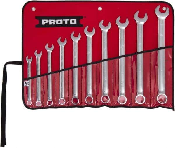 Proto - 10 Piece, 7/16" to 1", 6 Point Combination Wrench Set - Inch Measurement Standard, Full Polish Finish, Comes in Tool Roll - Caliber Tooling