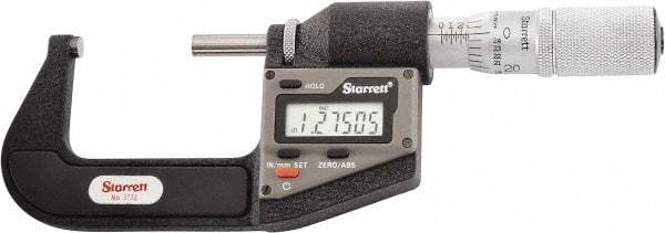 Starrett - 25.4 to 50.8 mm Range, 0.0001" Resolution, Standard Throat, Electronic Outside Micrometer - 0.0001" Accuracy, Friction Thimble, Micro Lapped Carbide Face, CR2450 Battery, Includes 3V Battery - Caliber Tooling