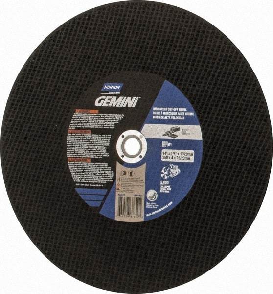 Norton - 14" Aluminum Oxide Cutoff Wheel - 1/8" Thick, 1" Arbor, Use with Die Grinders - Caliber Tooling