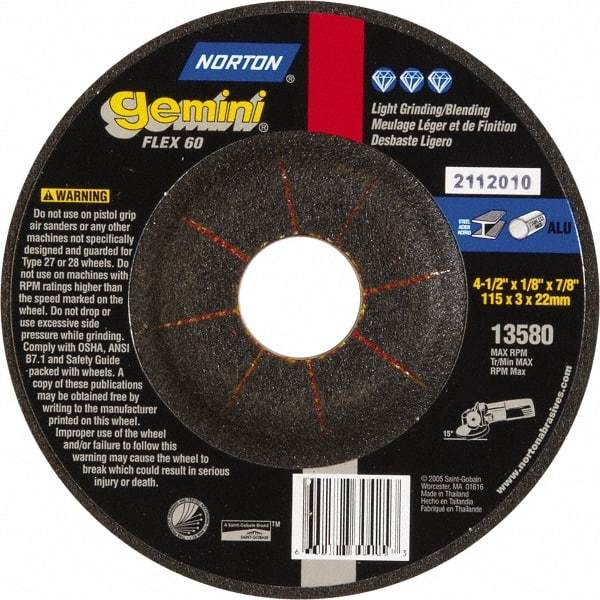 Norton - 60 Grit, 4-1/2" Wheel Diam, 1/8" Wheel Thickness, 7/8" Arbor Hole, Type 27 Depressed Center Wheel - Aluminum Oxide, 12,000 Max RPM - Caliber Tooling