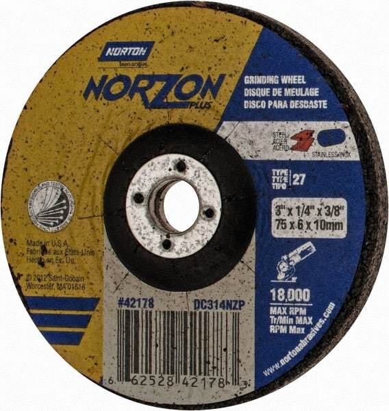 Norton - 24 Grit, 3" Wheel Diam, 1/4" Wheel Thickness, 3/8" Arbor Hole, Type 27 Depressed Center Wheel - Ceramic, 18,000 Max RPM - Caliber Tooling