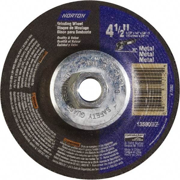 Norton - 24 Grit, 4-1/2" Wheel Diam, 1/4" Wheel Thickness, Type 27 Depressed Center Wheel - Aluminum Oxide - Caliber Tooling