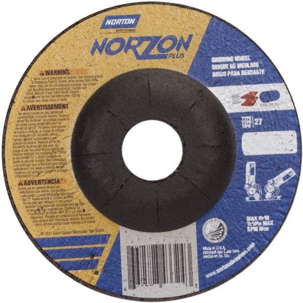 Norton - 24 Grit, 5" Wheel Diam, 1/8" Wheel Thickness, 7/8" Arbor Hole, Type 27 Depressed Center Wheel - Ceramic, 12,225 Max RPM - Caliber Tooling