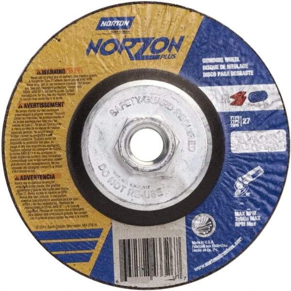 Norton - 24 Grit, 5" Wheel Diam, 1/4" Wheel Thickness, Type 27 Depressed Center Wheel - Ceramic, 12,225 Max RPM - Caliber Tooling