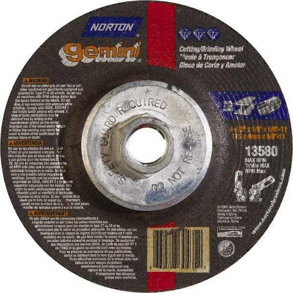 Norton - 24 Grit, 4-1/2" Wheel Diam, 1/8" Wheel Thickness, Type 27 Depressed Center Wheel - Aluminum Oxide, 13,580 Max RPM - Caliber Tooling