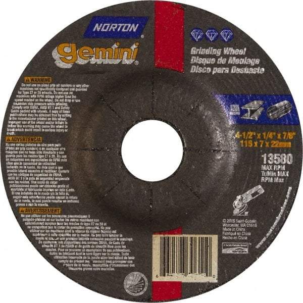 Norton - 6" Wheel Diam, 1/4" Wheel Thickness, 7/8" Arbor Hole, Type 27 Depressed Center Wheel - Aluminum Oxide, 10,185 Max RPM, Compatible with Angle Grinder - Caliber Tooling