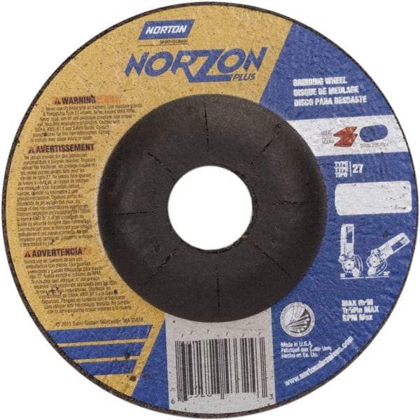 Norton - 24 Grit, 4-1/2" Wheel Diam, 1/8" Wheel Thickness, 7/8" Arbor Hole, Type 27 Depressed Center Wheel - Ceramic, 13,580 Max RPM - Caliber Tooling