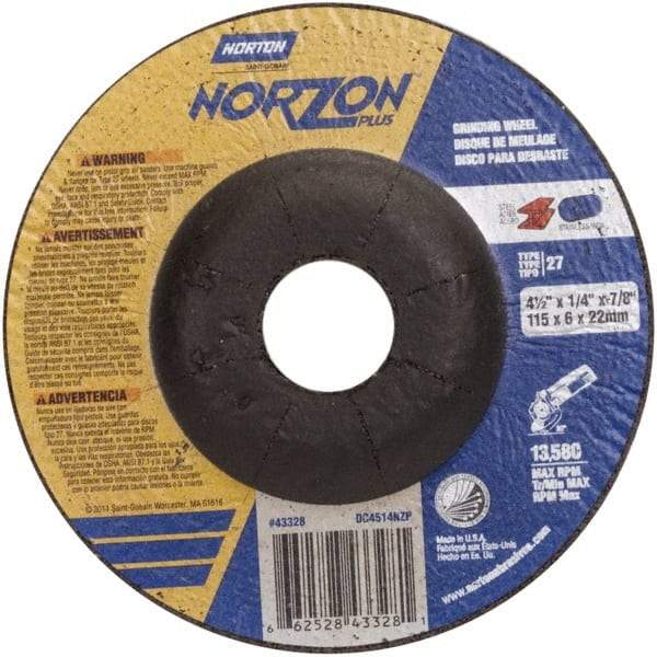 Norton - 24 Grit, 4-1/2" Wheel Diam, 1/4" Wheel Thickness, 7/8" Arbor Hole, Type 27 Depressed Center Wheel - Ceramic, 13,580 Max RPM - Caliber Tooling