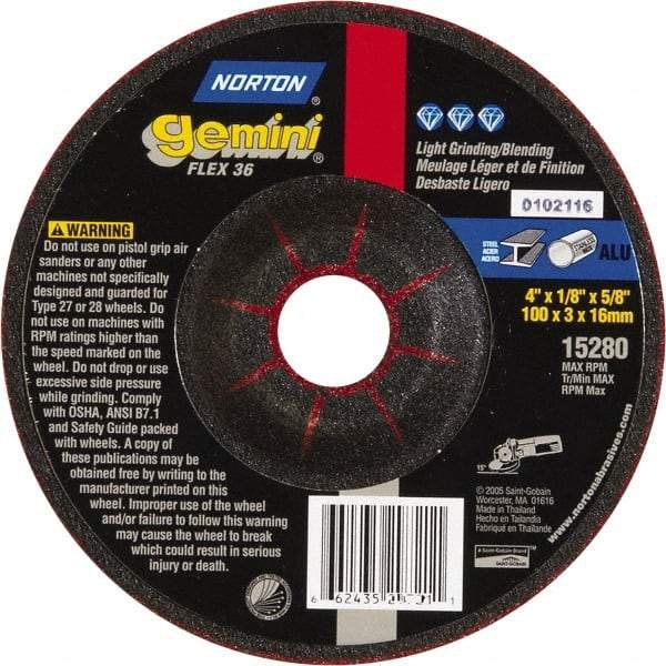 Norton - 36 Grit, 4-1/2" Wheel Diam, 1/8" Wheel Thickness, Type 29 Depressed Center Wheel - Aluminum Oxide - Caliber Tooling