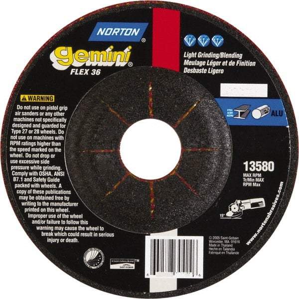 Norton - 36 Grit, 5" Wheel Diam, 1/8" Wheel Thickness, 7/8" Arbor Hole, Type 29 Depressed Center Wheel - Aluminum Oxide - Caliber Tooling