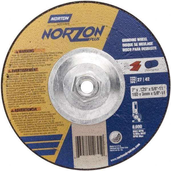 Norton - 36 Grit, 7" Wheel Diam, 3/32" Wheel Thickness, Type 27 Depressed Center Wheel - Zirconia Alumina - Caliber Tooling