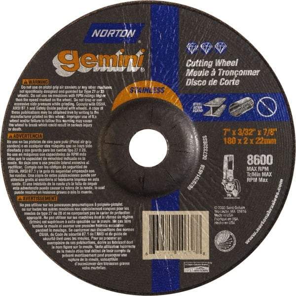 Norton - 36 Grit, 7" Wheel Diam, 3/32" Wheel Thickness, 7/8" Arbor Hole, Type 27 Depressed Center Wheel - Aluminum Oxide - Caliber Tooling