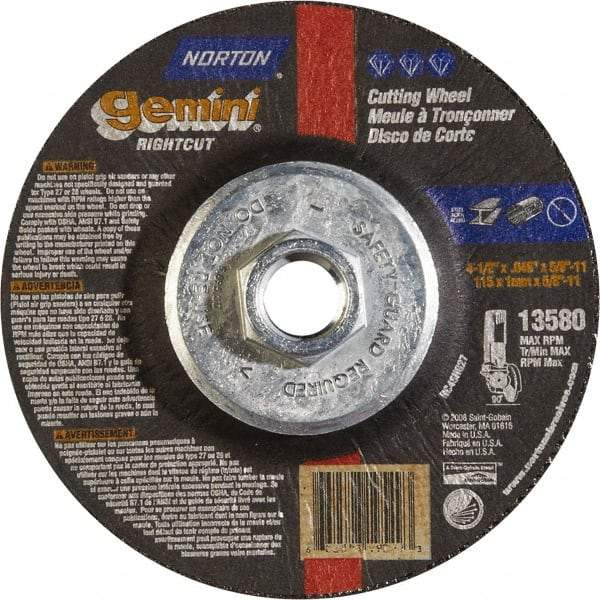 Norton - 46 Grit, 4-1/2" Wheel Diam, Type 27 Depressed Center Wheel - Aluminum Oxide - Caliber Tooling