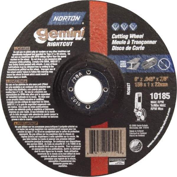 Norton - 46 Grit, 6" Wheel Diam, 7/8" Arbor Hole, Type 27 Depressed Center Wheel - Aluminum Oxide - Caliber Tooling