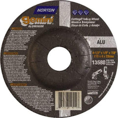 Norton - 24 Grit, 4-1/2" Wheel Diam, 1/8" Wheel Thickness, 7/8" Arbor Hole, Type 27 Depressed Center Wheel - Aluminum Oxide, 13,580 Max RPM - Caliber Tooling