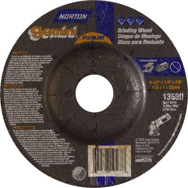 Norton - 24 Grit, 4-1/2" Wheel Diam, 1/4" Wheel Thickness, 7/8" Arbor Hole, Type 27 Depressed Center Wheel - Aluminum Oxide - Caliber Tooling