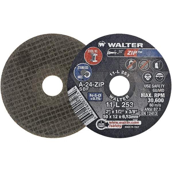 WALTER Surface Technologies - 2" 24 Grit Aluminum Oxide Cutoff Wheel - 1/2" Thick, 3/8" Arbor, 31,000 Max RPM, Use with Die Grinders - Caliber Tooling