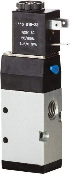 ARO/Ingersoll-Rand - 1/4" Inlet x 1/4" Outlet, Single Solenoid Actuator, Spring Return, 2 Position, Body Ported Solenoid Air Valve - 24 VDC Input, 0.7 CV, 3 Way, 115 psi, 122° Max Temp, 15° Min Temp - Caliber Tooling