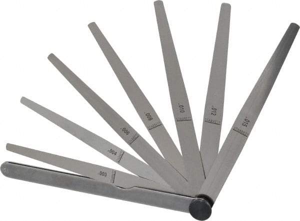 Starrett - 8 Piece, 0.002 to 0.015" Thick, Tapered Feeler Gage Set - 6" Leaf Length, 1/4 to 1/2" (Tapered) Wide, Tempered Steel - Caliber Tooling