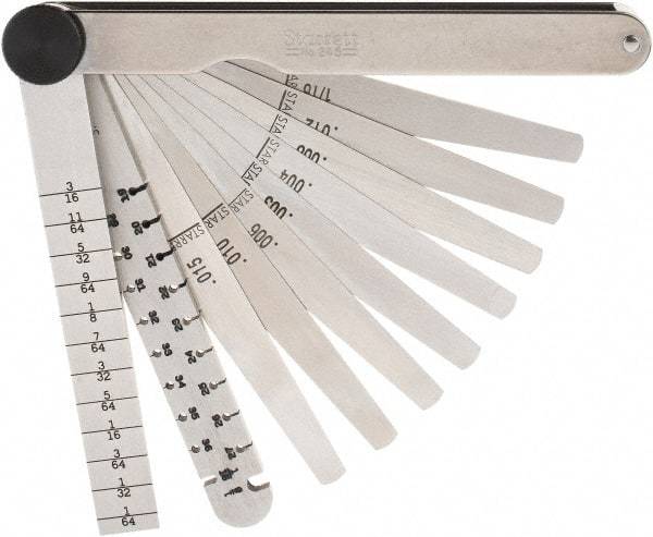 Starrett - 9 Piece, 0.1065 to 0.166" Thick, Tapered Feeler Gage Set - 4-3/4" Leaf Length, 1/4 to 1/2" (Tapered) Wide, Tempered Steel - Caliber Tooling