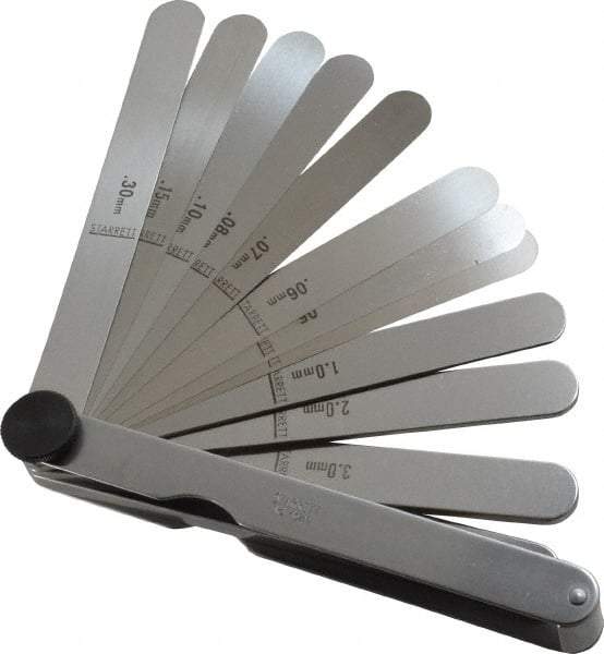 Starrett - 13 Piece, 0.04 to 5mm Parallel Feeler Gage Set - 4-1/2" Long x 1/2" Wide, Tempered Steel - Caliber Tooling