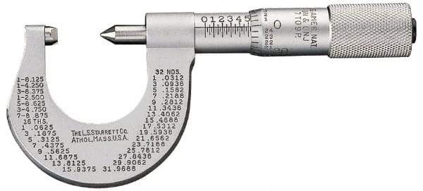 Starrett - 0 to 25mm Range, Mechanical Screw Thread Micrometer - Plain Thimble, 0.01mm Graduation, 0.0002" Accuracy - Caliber Tooling