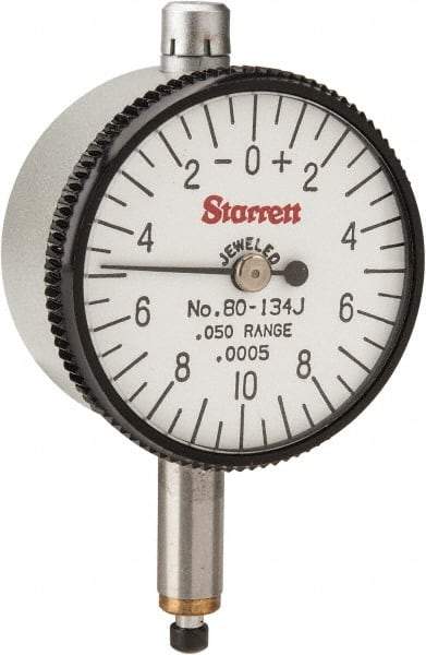 Starrett - 0.05" Range, 0-10-0 Dial Reading, 0.0005" Graduation Dial Drop Indicator - 1-1/4" Dial, 0.02" Range per Revolution - Caliber Tooling