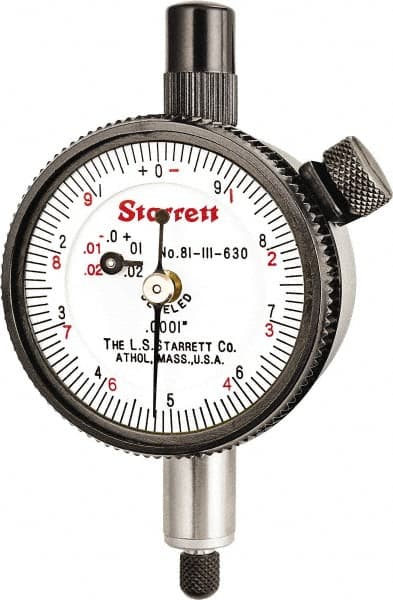 Starrett - 0.025" Range, 0-10 (Continuous), 0-5-0 (Balanced) Dial Reading, 0.0001" Graduation Dial Drop Indicator - 1-11/16" Dial, 0.01" Range per Revolution, Revolution Counter - Caliber Tooling