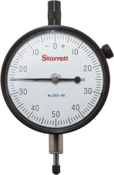 Starrett - 1/4" Range, 0-50-0 Dial Reading, 0.001" Graduation Dial Drop Indicator - 2-3/4" Dial, 0.1" Range per Revolution - Caliber Tooling