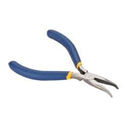 Irwin - 5" OAL, 1-1/4" Jaw Length x 9/16" Jaw Width, Long Nose Needle Nose Pliers - Serrated Jaw, Curved Head, Dipped Vinyl Handles, with Spring - Caliber Tooling