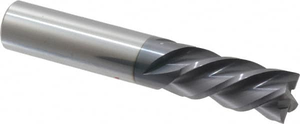 Accupro - 1/2", 1" LOC, 1/2" Shank Diam, 3" OAL, 4 Flute, Solid Carbide Square End Mill - Single End, AlTiN Finish, Spiral Flute, 40° Helix, Centercutting, Right Hand Cut, Left Hand Flute - Caliber Tooling