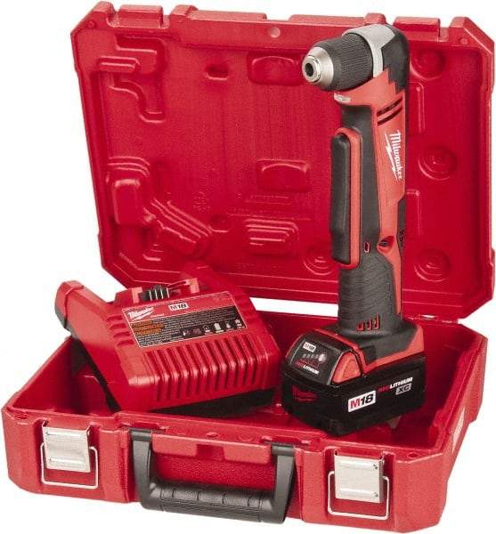 Milwaukee Tool - 18 Volt 3/8" Chuck Right Angle Handle Cordless Drill - 0-1500 RPM, Keyless Chuck, Reversible, 1 Lithium-Ion Battery Included - Caliber Tooling