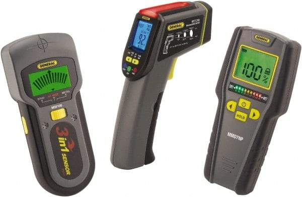 General - 40 to 104°F Operating Temp, Home Inspector Kit - LCD Display, Includes MMD7NP - Pinless Moisture Meter, IRTC50 - Scanning IR Thermometer, MSV100 - Metal/Stud/Voltage Detector, (3) Batteries, Soft Case - Caliber Tooling