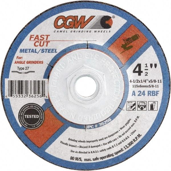 Camel Grinding Wheels - 24 Grit, 6" Wheel Diam, 1/4" Wheel Thickness, Type 27 Depressed Center Wheel - Coarse Grade, Aluminum Oxide, Resinoid Bond, 10,200 Max RPM - Caliber Tooling