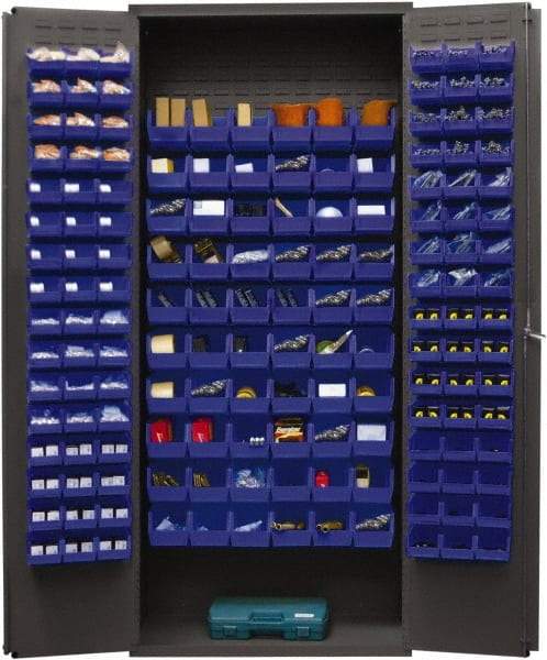 Durham - 156 Bin Storage Cabinet - Steel, 36" Wide x 18" Deep x 84" High, Blue - Caliber Tooling