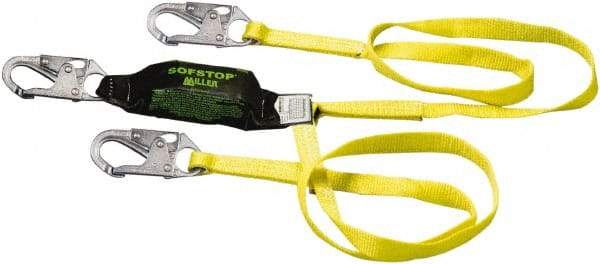 Miller - 6' Long, 310 Lb Capacity, 2 Leg Locking Snap Hook Harness Shock Absorbing Lanyard - 1-1/2" Diam, Polyester Webbing, Locking Snap Hook Anchorage Connection - Caliber Tooling